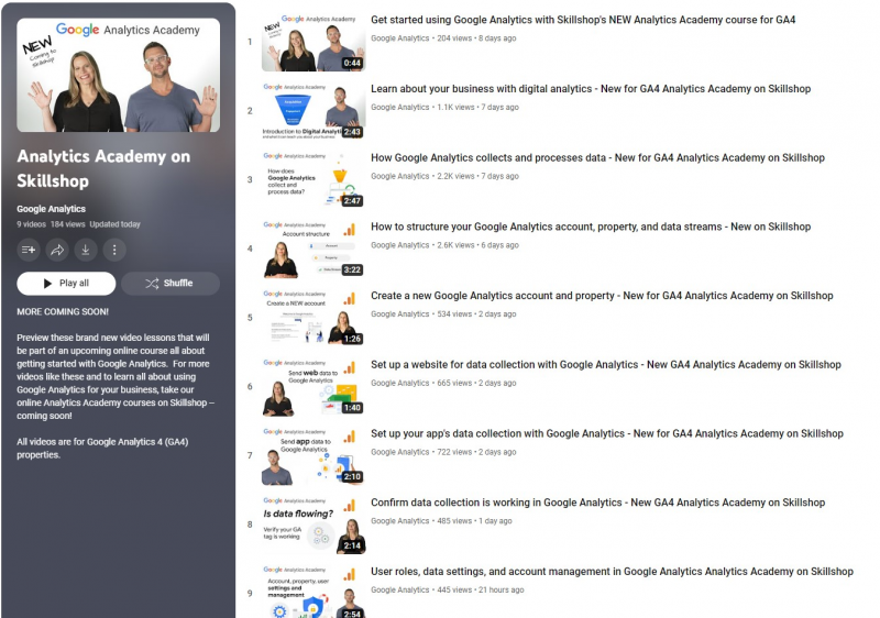 Vidéos Skillshop de cours sur GA4